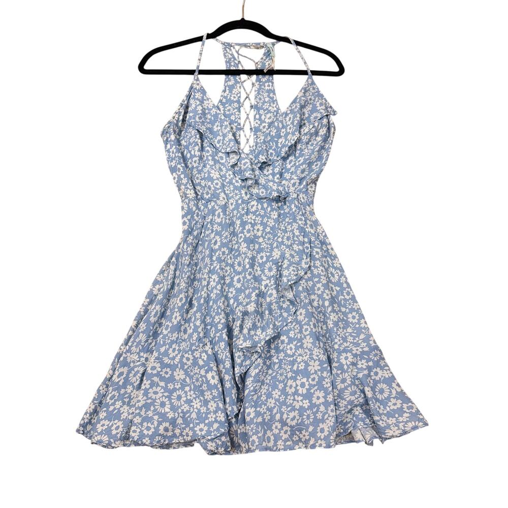 Kimchi Blue Women's Blue Floral Lace-Up Fit & Flare Mini Dress Size 2